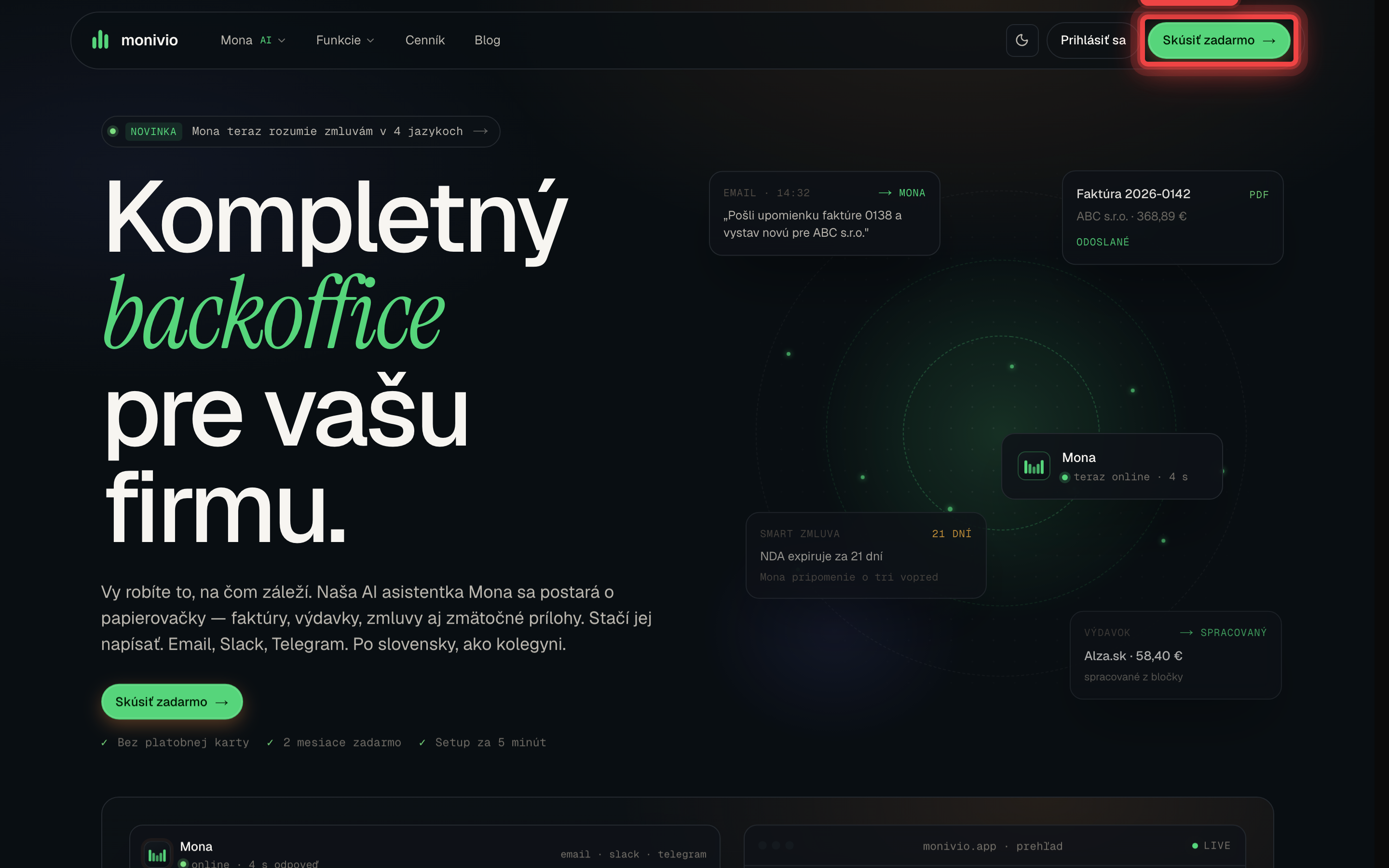 Homepage Monivio s tlačidlom Registrácia v pravom hornom rohu