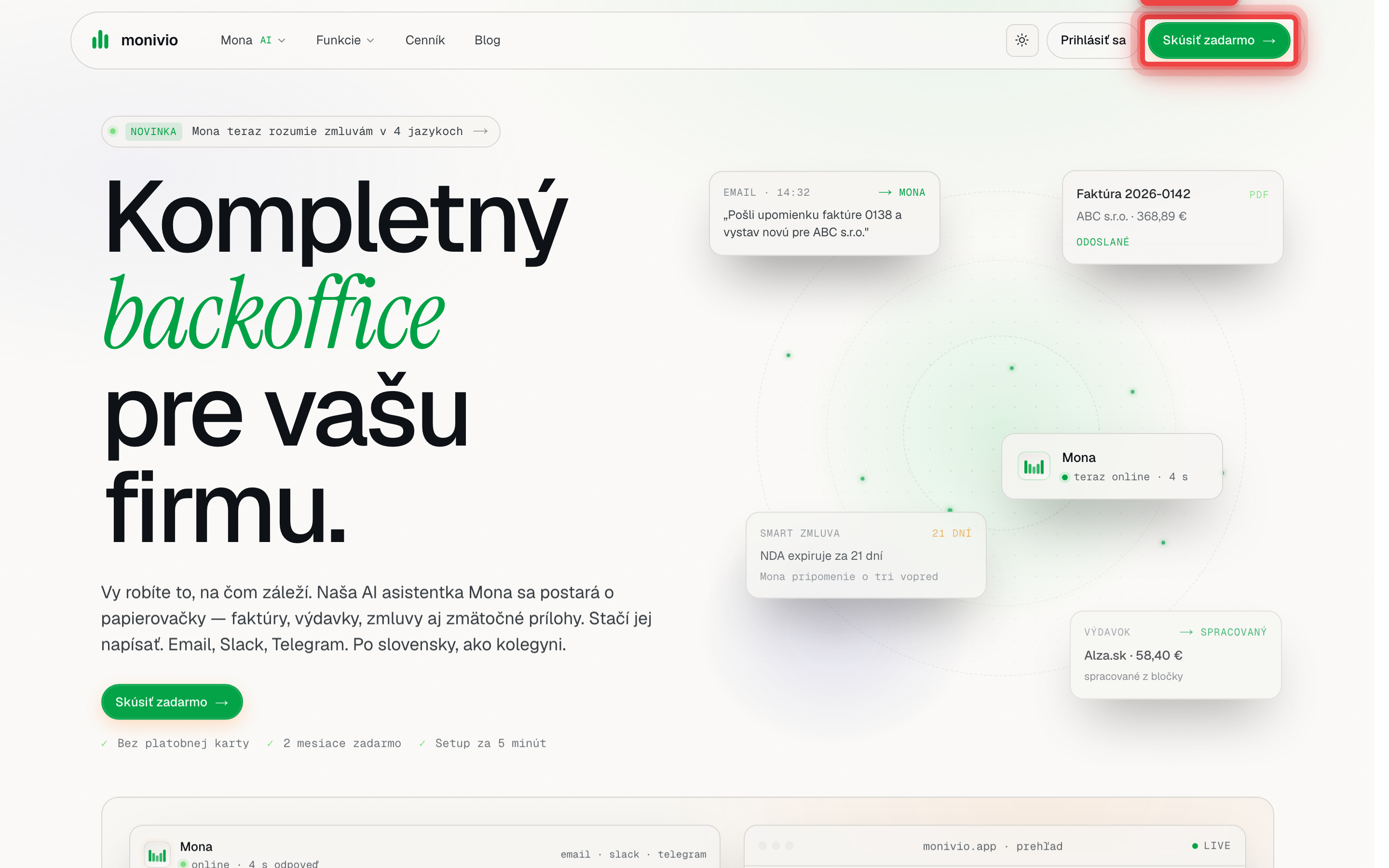 Homepage Monivio s tlačidlom Registrácia v pravom hornom rohu