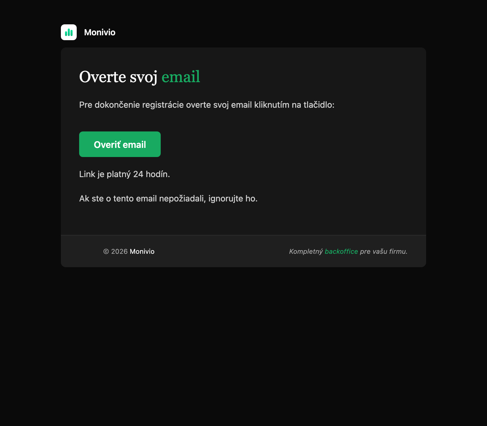 Obsah overovacieho emailu s tlačidlom Potvrdiť email