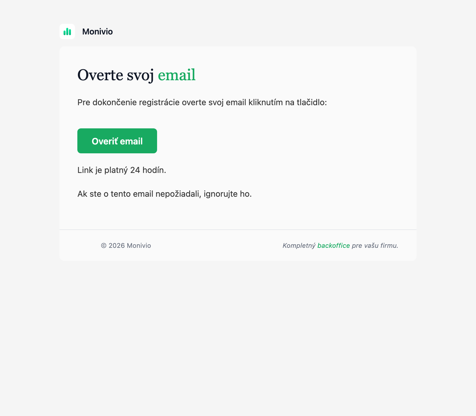 Obsah overovacieho emailu s tlačidlom Potvrdiť email