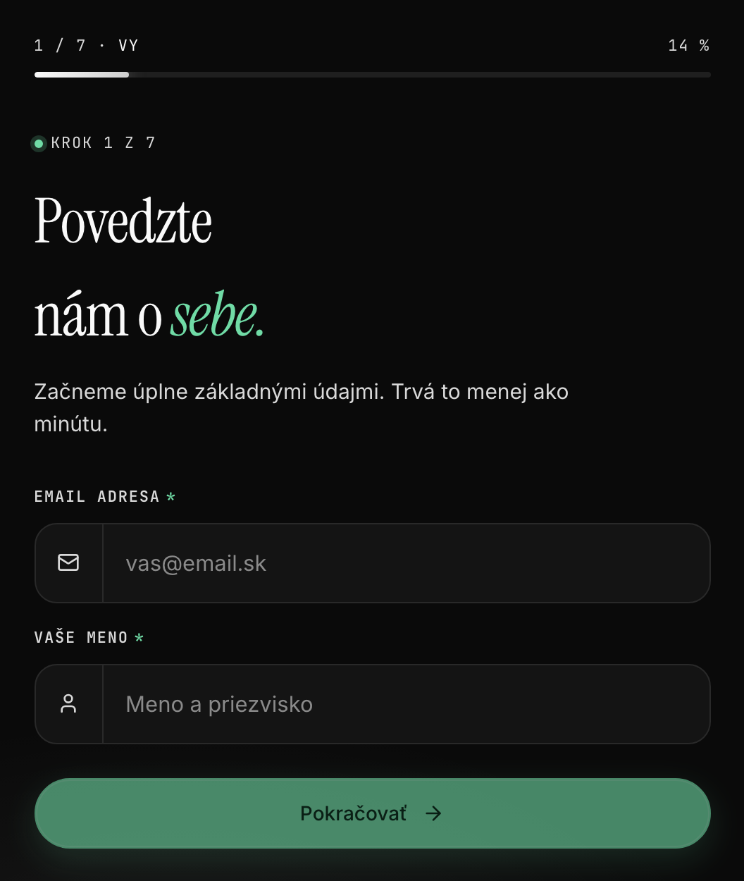 Prvá obrazovka registrácie s poľami Email a Meno a priezvisko