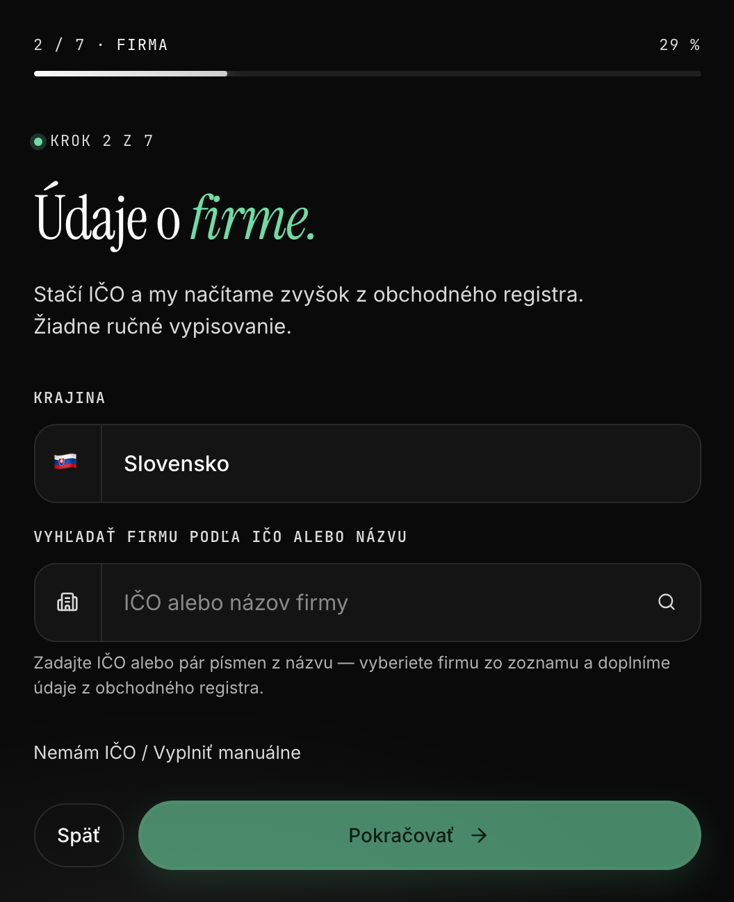 Druhý krok sprievodcu - vyhľadanie firmy podľa IČO