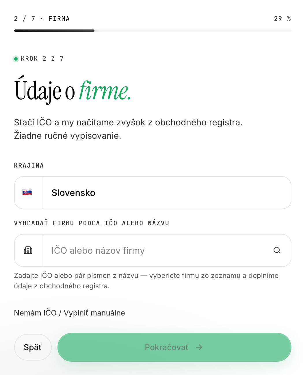 Druhý krok sprievodcu - vyhľadanie firmy podľa IČO