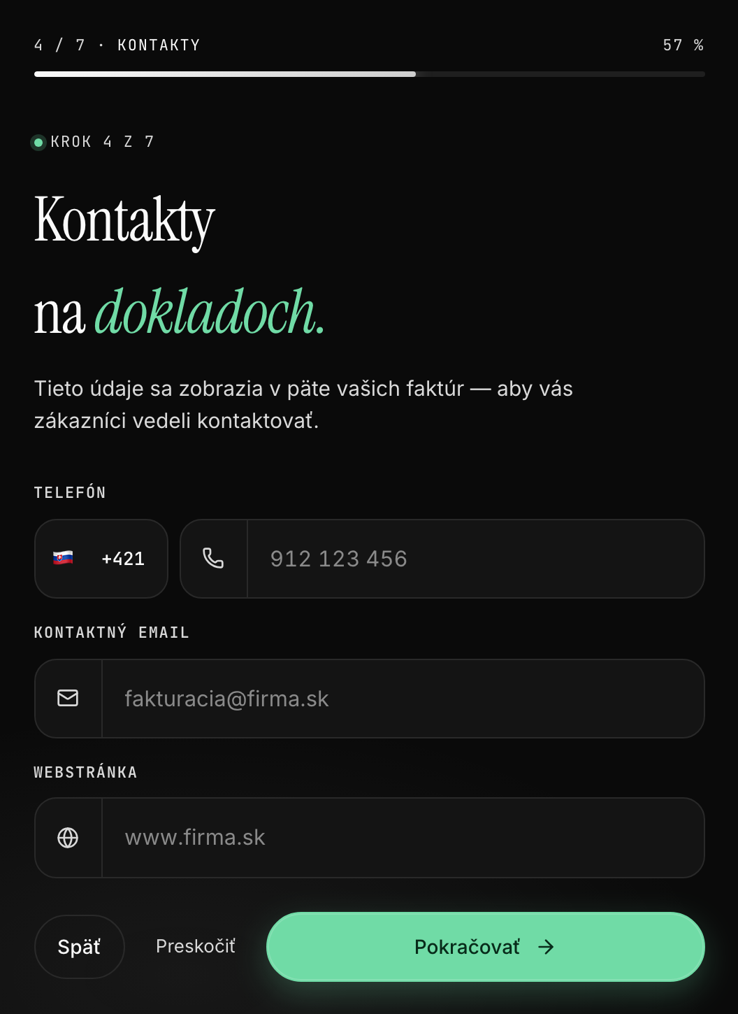 Krok 5 sprievodcu - kontakty na dokladoch (telefón, email, web)