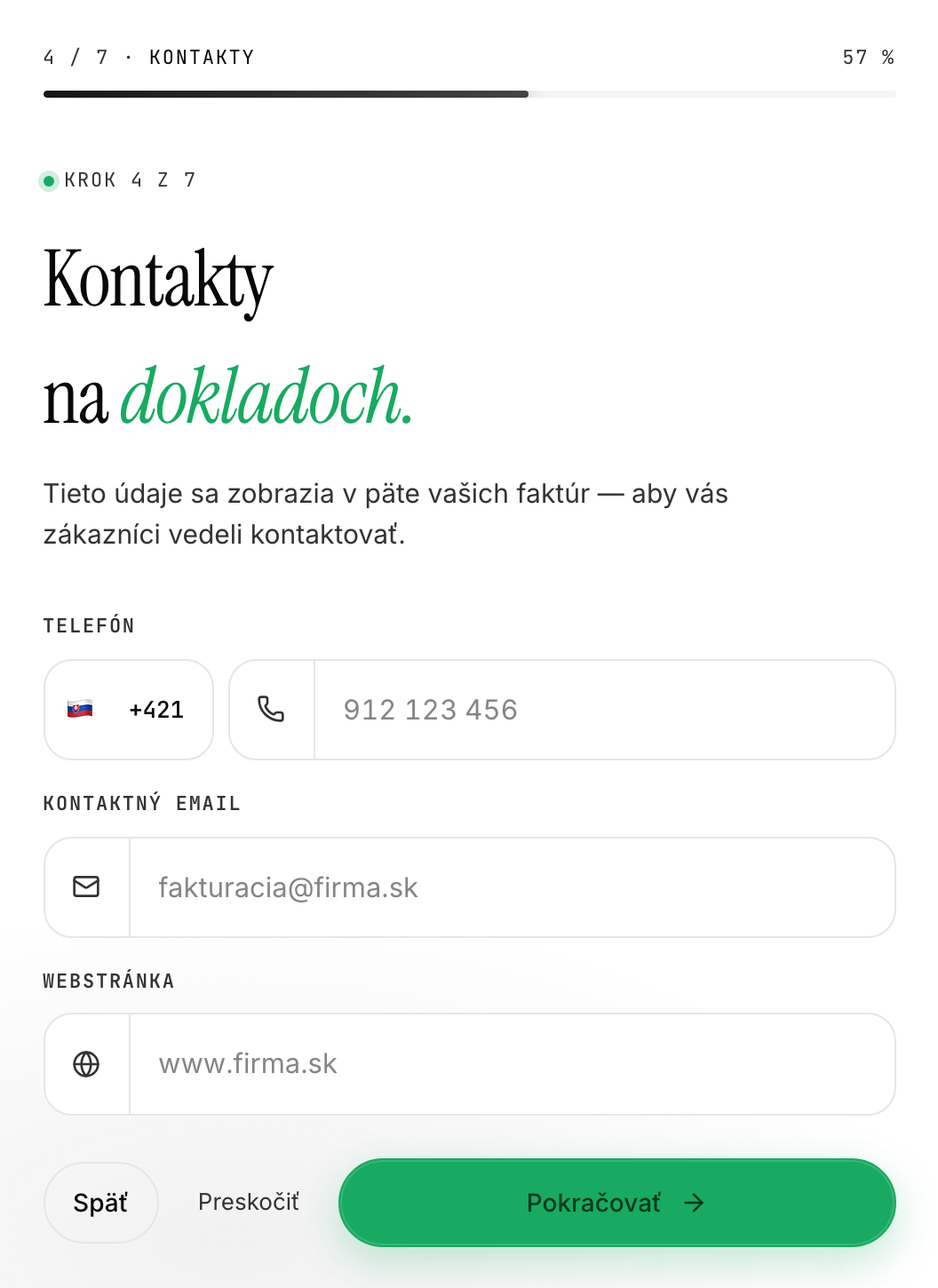 Krok 5 sprievodcu - kontakty na dokladoch (telefón, email, web)