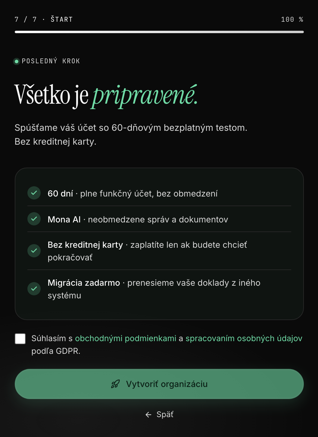 Záverečný krok sprievodcu - súhrn a checkbox so súhlasom s podmienkami