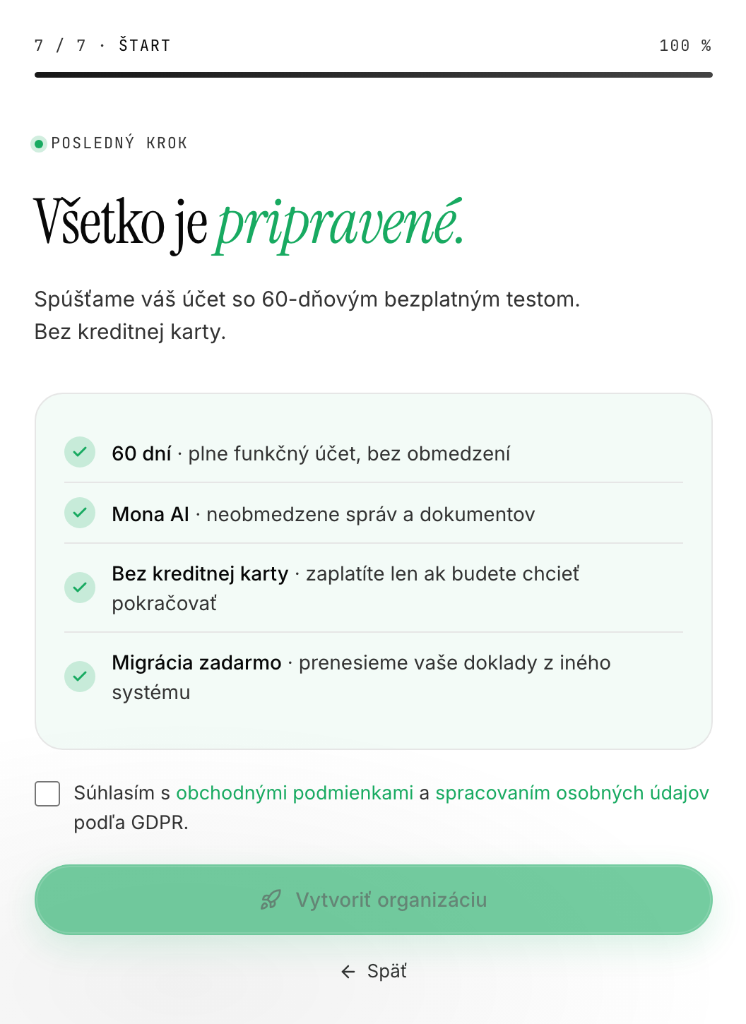 Záverečný krok sprievodcu - súhrn a checkbox so súhlasom s podmienkami