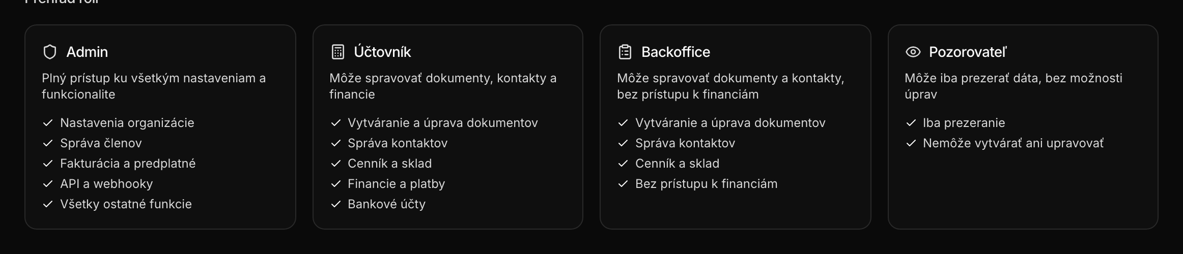 Karty rolí s popisom oprávnení