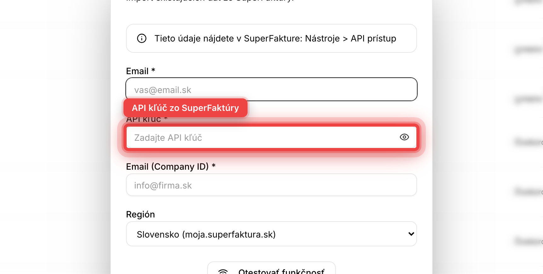 Dialóg nastavenia integrácie SuperFaktura s poľami email a API kľúč