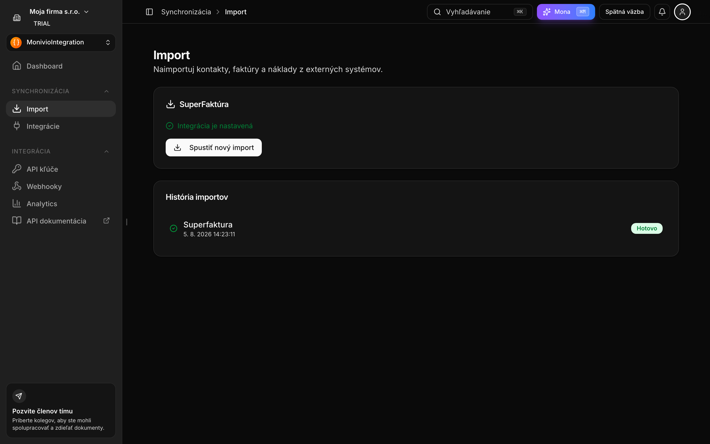 Stránka Import so spustením nového importu a históriou importov